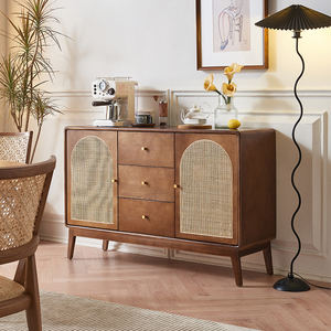 Buffet de cuisine et salle à manger en bois massif et rotin tressé, style moderne du milieu du siècle, avec 3 tiroirs de rangement, personnalisable, Russie, États-Unis - Product Image 3