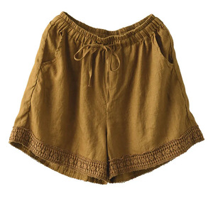 Women's Cotton Linen Shorts Burnt Yellow Crochet Hem <b>Drawstring</b> Waist Casual Summer Pants With Pockets Breathable Mid Waist - Product Image 4