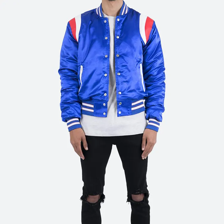 wholesale custom winter contrasting panels man jackets in blue satin bomber jacket