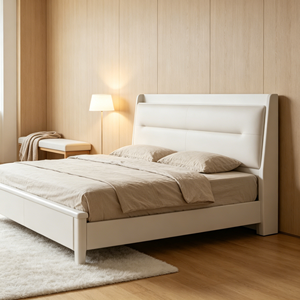 Minimalist White Upholstered <b>Queen</b> <b>Bed</b> <b>Frame</b> with Faux Leather and Storage Drawers - Product Image 5