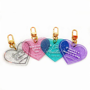 Custom Heart Shape Plastic Acrylic Keychain Glitter Luxury Hot Stamp Logo Acrylic Glitter Keychain UV Print Glitter Keychain