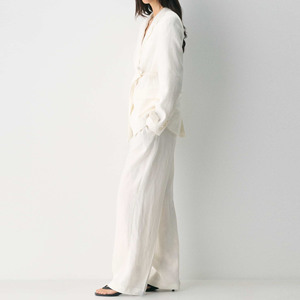 Traje de Dos Piezas para Mujer, Blazer de Lino y Pantalones Anchos, Cintura Ajustada con Cinturón, Conjunto de Blazer Elegante para Oficina - Product Image 2