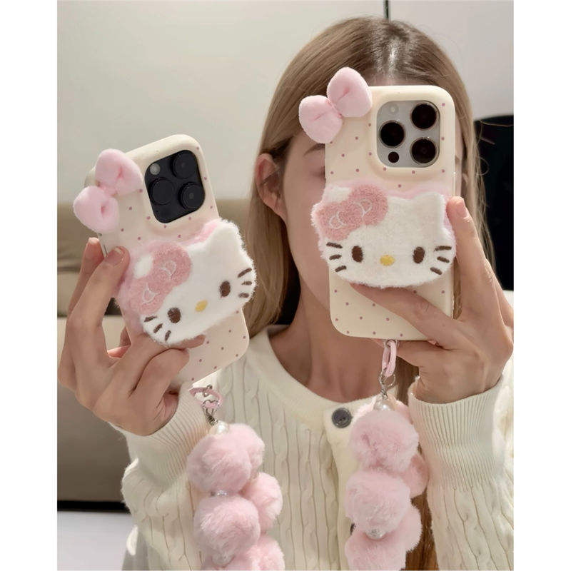 ShanHai Cute Japanese Korean Kitty Cat Bracelet Plush Phone Case