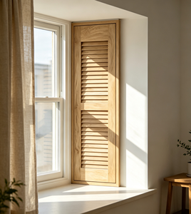 Volet en bois à lamelles horizontales, teinté brun naturel, design minimaliste pour fenêtre de maison ou de bureau - Product Image 4