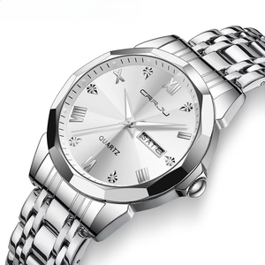 Montre classique pour homme en acier inoxydable bicolore, chiffres romains, index diamantés, calendrier lumineux, étanche, quartz, pour affaires - Product Image 4