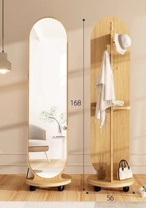 Rotating Wood Hat Storage Rack with <strong>Large</strong> Size <strong>Mirror</strong> <strong>Freestanding</strong> Full Length Body <strong>Mirror</strong> Movable Dressing <strong>Mirror</strong> with Wheels - Product Image 4