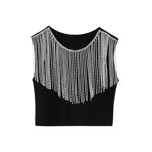 KAOPU ZA Women with jewels tassel crop knit tank tops sexy o neck sleeveless female waistcoat chic tops