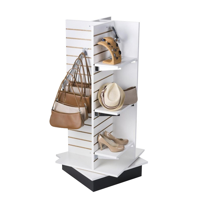 Apache Customizable Double-Sided Light Duty Wooden Floorstanding Handbag Display Stand Rotatable Shelves for Supermarket Use — view 2