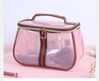 Trousse de Maquillage Vintage Marron Transparente en PVC avec Ruban Rayé Décoratif, Sac Cosmétique Portable de Voyage à Main