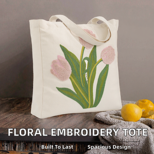 Bolsa de Mano de Lona con Bordado Floral Estético Personalizado para Mujer, Bolsa de Hombro de Algodón Reutilizable con Cierre Magnético para Compras, Gimnasio y Regalos - Product Image 2