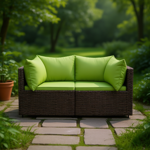 Canapé de jardin en rotin d'extérieur deux places avec coussins marron et vert, mobilier de patio contemporain, résistant aux UV, en osier PE - Product Image 2
