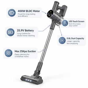 Aspirateur balai sans fil BLDC 400W OEM ODM 25.9V 25KPa à forte aspiration, écran tactile LED, filtre HEPA, léger et portable - Product Image 1