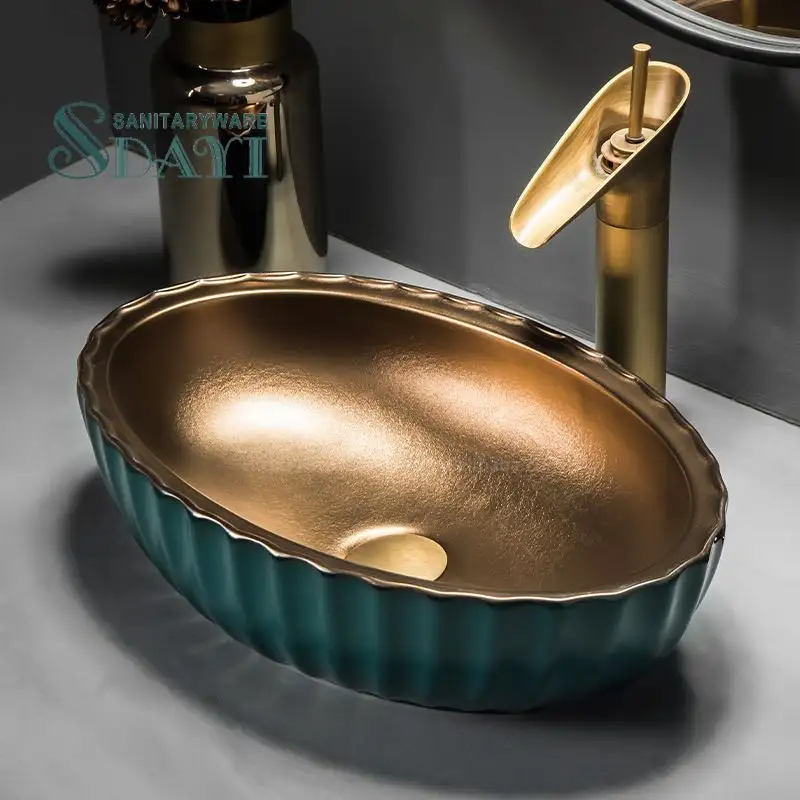 SDAYI Luxus Arbeitsplatte handgefertigte badezimmer-Wäsche Keramik Kunst grünes Waschbecken goldenes Waschbecken ovales Waschbecken
