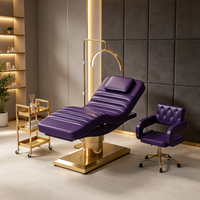 Ensemble de Mobilier de Luxe pour Salon de Beauté Noir et Or, Lit de Massage Cosmétique Électrique à 3 Moteurs, Lit Facial Réglable pour Cils avec Lampe
