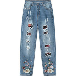 Broderie de <span class=keywords><strong>fleurs</strong></span> à la mode multi-poches tendance rétro pantalon droit jeans pour femmes - Product Image 1