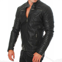 Veste en cuir PU matelassée coupe-vent pour homme, style motard, col montant, fermeture éclair