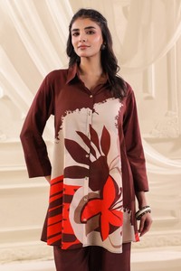 Ensemble coordonné élégant pour femmes, imprimé floral abstrait, tunique à col boutonné avec pantalon large, vêtements tendance - Product Image 6