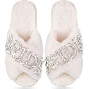<b>Bridal</b> Shower Engagement Wedding Bachelorette <b>Party</b> Favor White Fur Bride <b>Slippers</b> - Product Image 1