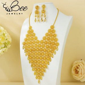 Parure de bijoux de mariée sud-indienne de luxe en or 24 carats, collier à pampilles irrégulières et grandes boucles d'oreilles, inaltérable, pour femme, mariage - Product Image 4