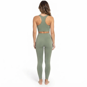 Ensemble de yoga côtelé pour femme, 2 pièces : Leggings taille haute et brassière de sport à col rond, sans couture, respirant, vert uni, tenue de sport - Product Image 6