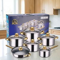 Ensemble de casseroles en acier inoxydable de luxe avec logo personnalisé, 12 pièces, comprenant une casserole, une poêle et une marmite, avec poignées en acier inoxydable doré
