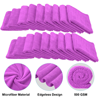 Serviette en microfibre sans bords 500 GSM antimicrobienne à séchage rapide, absorbante, pour le nettoyage automobile, couleur violette
