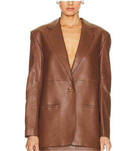 Blazer en cuir d'agneau véritable pour femme, col rabattu à un bouton, manches longues - Product Image 1