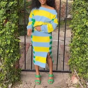 Hot Sale Contrast Color Stripe Long Sleeve Bodycon Side Slit Skirt Two Piece Women <b>Set</b> Fashion - Product Image 4