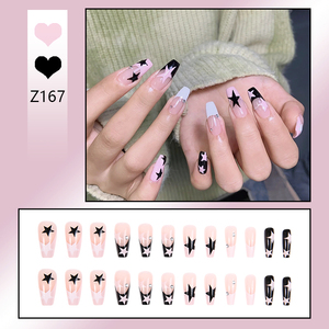 Faux ongles Y2K à presser, 24 pièces, nude et noir, forme cercueil, réutilisables, couvrance totale, en acrylique avec motif étoile - Product Image 1