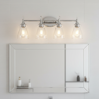 Miroir mural de salle de bain avec éclairage LED à 4 lumières en verre transparent de 27 pouces, ampoule E26, style moderne, finition chromée, éclairage de vanité de luxe