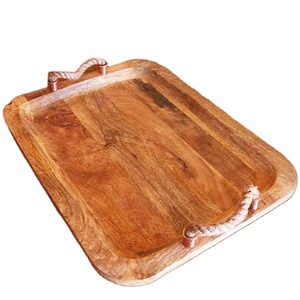 Bandeja de Servir Rectangular de Madera de Mango con Asas de Cuerda, Hecha a Mano, Pulida, Diseño Minimalista - Product Image 1