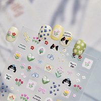 Stiker Dekorasi Kuku TSZS Motif Kartun Tanaman Bunga Lily of the Valley Bunga Matahari Daisy Pentas Kupu-kupu Pita Anjing Kucing Ceri