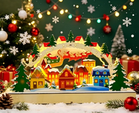Escena de Pueblo Navideño de Madera con Luces LED, Arco 3D, Trineo de Santa, Decoración de Pueblo, Adorno Navideño Reutilizable de Estilo Nórdico para el Hogar