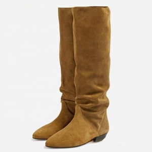 New Suede Loose Upper Shoes Flat Heels Pointed Toe Slouchy Long Boots Women's Wide Fit Knee High <b>Booties</b> - Product Image 4