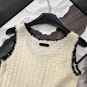 Top Corto de Punto Blanco para Mujer con Ribete Negro, Chaleco sin Mangas para Uso Diario Informal - Product Image 6