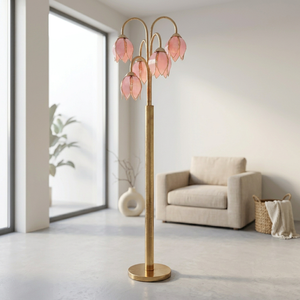 Lampe sur pied rétro rose à motif floral avec base ronde dorée lourde et pétales en verre, luminosité réglable, compatible avec le modèle Tulipe Rose - Product Image 1
