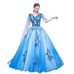 Evening Gown Royal Blue V Neck Floral Embroidery Tulle Empire Waist Formal Dress For Banquet And Annual Meeting - Product Image 5