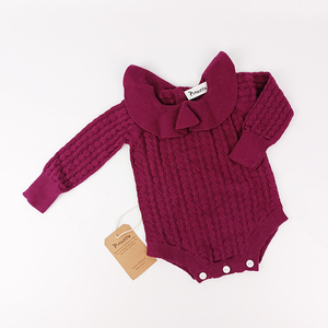 Pinuotu bébé smocké bulle barboteuse nouveau-né câble pull body fille rouge foncé à volants tricots à manches longues vêtements - Product Image 1