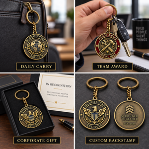 Custom Antique Bronze 2D Relief Corporate Award Medal Keychains with Personalized Backstamp OEM ODM Manufacturing - Product Image 3