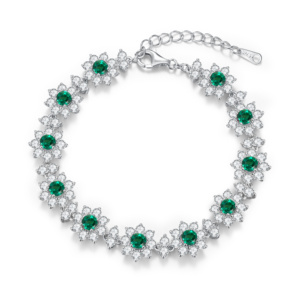 Bracelet en argent 925 avec émeraude cultivée, design brillant en forme de fleur, idéal pour les fêtes, le quotidien, les festivals, cadeau pour fille L - Product Image 1