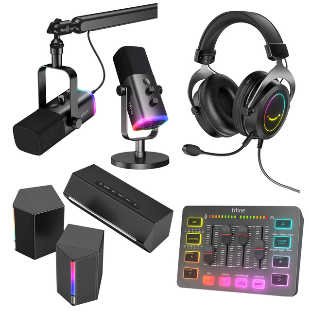 Fifine Podcast Equipment USB Audio Interface PC Monitor Headphone 3.5mm Microphone Recording Studio Audio Sound Card Set
