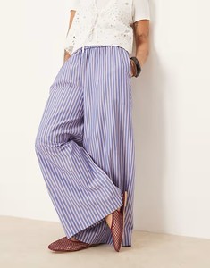 100% Cotton Summer Petite <strong>Shirred</strong> <strong>Waist</strong> <strong>Trousers</strong> for Ladies Stripe Line Plaid Wide Leg Breathable Sleepwear Pants for Daily Life - Product Image 2