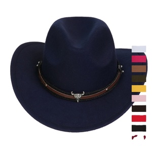 Chapeau de cowboy occidental à large bord en feutre pour enfants, avec accessoire tête de taureau en feutre à poils relevés, couleur unie - Product Image 1
