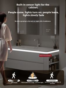 Mueble de baño de roble moderno, placa de <span class=keywords><strong>roca</strong></span> doblada en caliente, lavabo de cerámica integrado, mesa de lavabo de viento en crema, diseño personalizable - Product Image 4