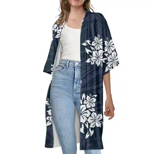 Women Short Sleeve Capes Kimono Long Top Coat Polynesian Tribal Monstera Leaf Print On Demand Simple Casual Cardigan Jacket