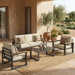 Conjunto de Muebles Minimalistas para Patio, Sofá de Metal para Exteriores con Decoración de Madera Sintética, Sofá Seccional de <span class=keywords><strong>Aluminio</strong></span> Gris de Lujo para Balcón - Product Image 3