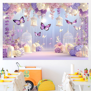 Fondo Romántico con Mariposas Moradas, Decoración de Pared para Bodas y Fiestas, con Globos y Flores Impresas - Product Image 4