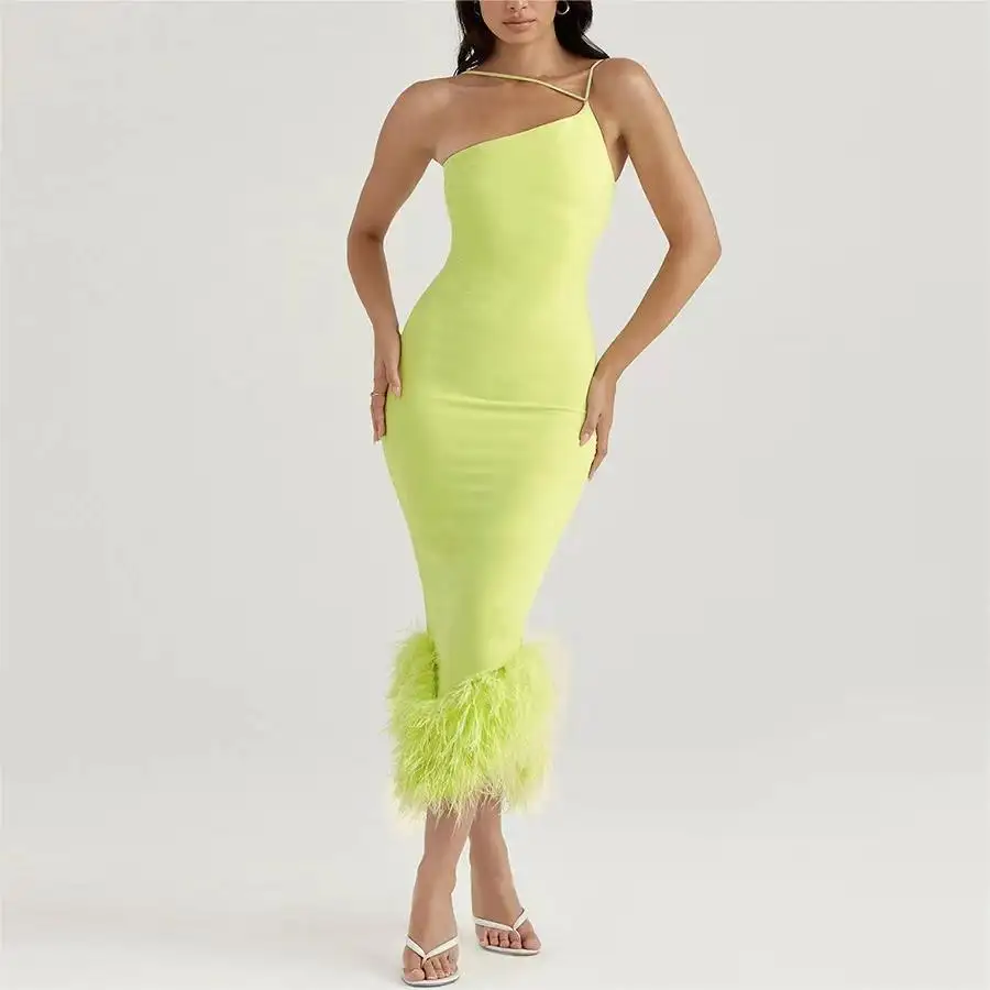 Wholesale Supplier Clothing Green One Shoulder Strap Women Lady Elegant Long Feathers Evening Party Dress