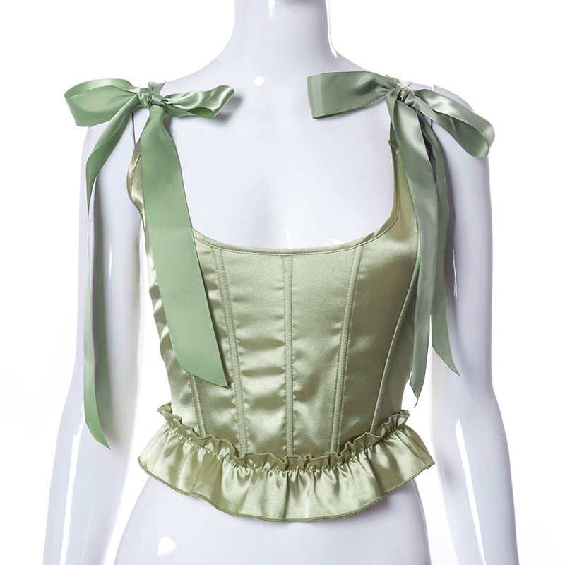 Women's Frill Smocked Crop Tank Top Bandage Bustier Corset Tie Shoulder Strap Lace-Up Corset Tops