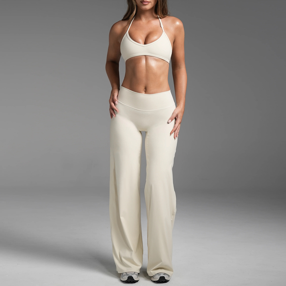 Yoga Set Adjustable Halter Neck Open Back Bra Wide Leg Pants 2-piece Outdoor Fitness Quick-drying Sweat Absorbing Casual Set